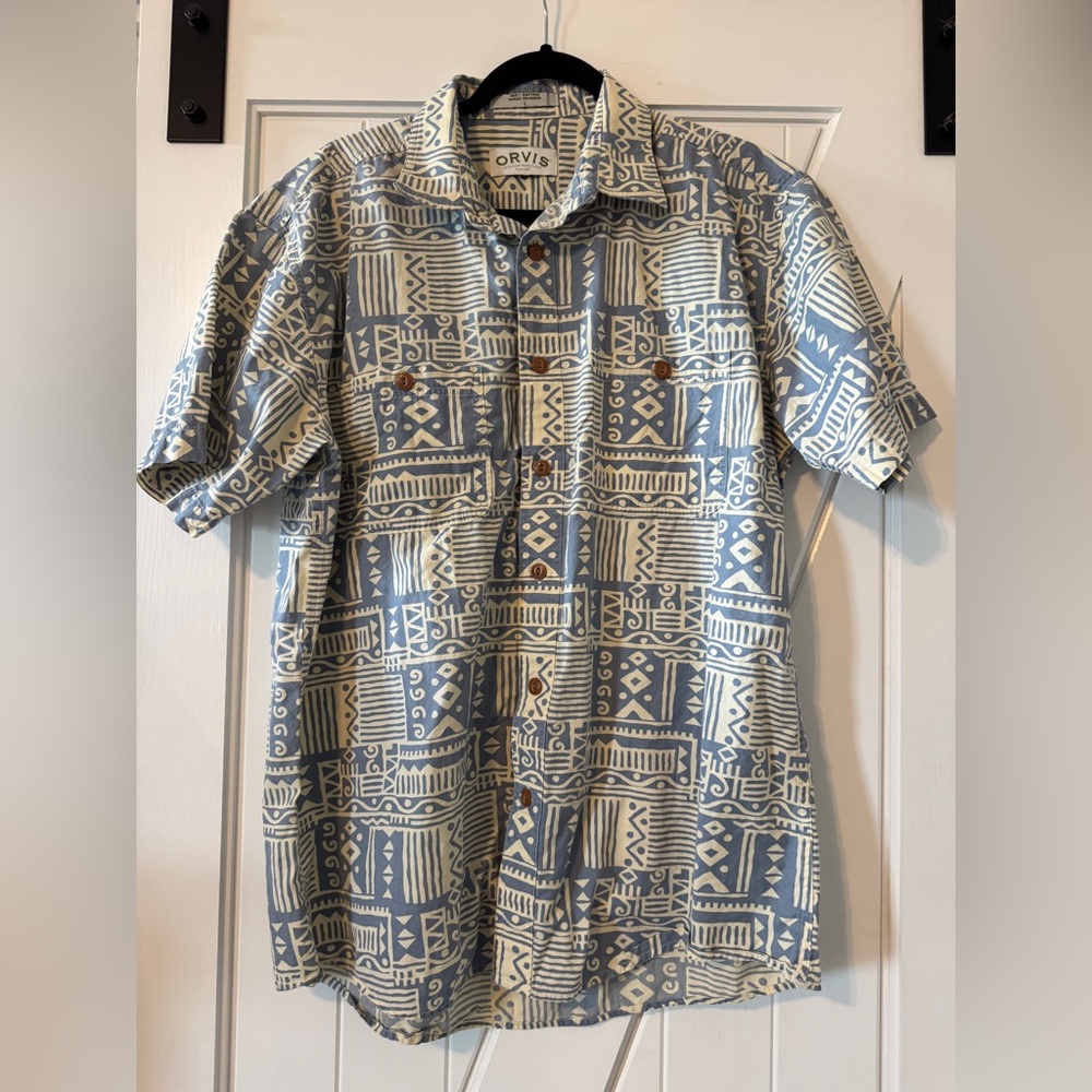 Orvis Men’s Large camp short sleeve batik print block print Aztec Hawaiian Shirt